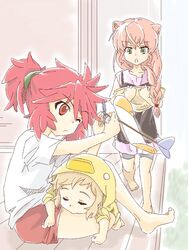  3girls aged_down amou_kanade braid brown_hair closed_eyes green_eyes lolicon maria_cadenzavna_eve multiple_girls ogitouma one_eye_closed ponytail red_hair senki_zesshou_symphogear shorts sleeping tachibana_hibiki_(symphogear) trait_connection 