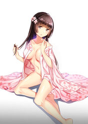  absurdres aer_(tengqiu) breasts brown_eyes brown_hair cleavage collarbone commentary_request female floral_print flower fusou_(warship_girls_r) hair_flower hair_ornament highres japanese_clothes long_hair looking_at_viewer medium_breasts navel photoshop_(medium) robe shadow sitting solo twirling_hair warship_girls_r white_background yokozuwari 