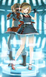  2girls aged_down asymmetrical_clothes back-to-back belt bike_shorts black_one-piece_(module) bloomers boots brown_hair buttons commentary_request daigoman dress dual_persona fingerless_gloves gloves glowing headset highres light_brown_hair meiko_(vocaloid) microphone mod_fashion multiple_girls necktie open_mouth photoshop_(medium) polka_dot project_diva_(series) project_diva_2nd sakine_meiko short_hair skirt socks tape_recorder underwear vocaloid white_socks 