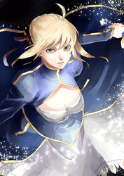  ahoge artoria_pendragon_(fate) bad_id bad_pixiv_id blonde_hair dress excalibur_(fate/stay_night) fate/zero fate_(series) female green_eyes hair_ribbon hisakinin ribbon saber_(fate) solo sword weapon 