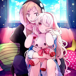  1boy blonde_hair brown_eyes commentary_request couch curtains dress female hair_ribbon hood hoodie hoshiyui_tsukino kagerou_project kano_shuuya kozakura_marry long_hair one_eye_closed pillow pout red_eyes ribbon short_hair stuffed_animal stuffed_rabbit stuffed_toy very_long_hair window 