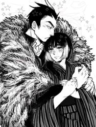  1boy bad_id bad_pixiv_id cape couple den1208 female fur_cape greyscale hug hug_from_behind japanese_clothes long_hair monochrome multicolored_hair ran_to_haiiro_no_sekai sango_(haiiro) school_uniform short_hair straight uruma_jin 