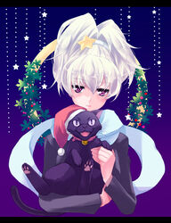  animal bad_id bad_pixiv_id bell black_cat christmas collar darker_than_black feline female hat mao_(darker_than_black) neck_bell ponytail purple_eyes santa_hat solo star_(symbol) white_hair yin_(darker_than_black) yuzuki_kisa 