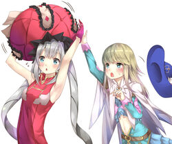  1other absurdres androgynous aqua_eyes armpits bad_id bad_pixiv_id bare_shoulders belt blonde_hair blue_hat blush chevalier_d&#039;eon_(fate) commentary dress fate/grand_order fate_(series) female flying_sweatdrops grey_hair hat highres large_hat long_hair long_sleeves marie_antoinette_(fate) midriff open_mouth ranmaruuuu00 red_hat sleeveless sleeveless_dress sweat twintails unworn_hat unworn_headwear upper_body very_long_hair white_background 