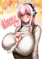  between_breasts blush breasts commentary_request female headphones highres large_breasts long_hair looking_at_viewer nitroplus pink_eyes pink_hair red_eyes ribbed_sweater skirt smile solo super_sonico suspender_skirt suspenders sweater tama_(tamakaka1031) turtleneck turtleneck_sweater upper_body 