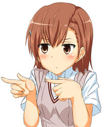  bad_id bad_pixiv_id blush brown_hair etsuji female hair_ornament hairpin misaka_mikoto school_uniform short_hair solo sparkling_daydream summer_uniform sweater_vest toaru_kagaku_no_railgun toaru_majutsu_no_index tokiwadai_school_uniform 