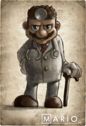  1boy beard blue_eyes brown_hair cane character_name commentary doctor dr._mario dr._mario_(game) english_commentary facial_hair gloves head_mirror house_m.d. james_chung lab_coat looking_at_viewer mario mario_(series) necktie parody stethoscope white_gloves 