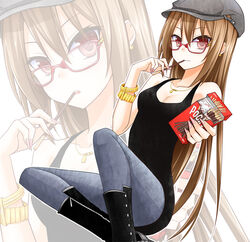  breasts brown_hair cleavage commentary_request female food glasses hat lindoh_flores medium_breasts original photoshop_(medium) pocky red-eyes_macadamiachoco red_eyes zoom_layer 