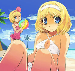  2girls alice_margatroid alice_margatroid_(pc-98) bad_id bad_pixiv_id ball beach beachball bikini blonde_hair blue_eyes bow commentary_request day dual_persona hairband hairbow knees multiple_girls one-piece_swimsuit palm_tree photoshop_(medium) pink_hairband short_hair swimsuit time_paradox touhou touhou_(pc-98) tree yuu_(kfc) 