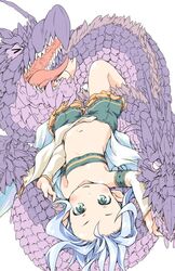  aged_down aqua_eyes bad_id bad_twitter_id bare_legs barefoot blush detached_sleeves dragon female flat_chest frilled_shorts frills granblue_fantasy green_shorts ham_(points) inactive_account light_purple_hair long_hair long_sleeves looking_at_viewer lying navel on_back open_mouth pointy_ears scales shorts smile solo strapless tiamat_(granblue_fantasy) tube_top upside-down very_long_hair 