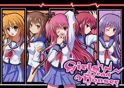  5girls angel_beats! arm_up blonde_hair brown_eyes brown_hair commentary_request girls_dead_monster green_eyes hisako_(angel_beats!) irie_miyuki iwasawa_masami long_hair multiple_girls one_eye_closed photoshop_(medium) pink_hair ponytail purple_hair rayhwang red_eyes red_hair school_uniform sekine_shiori serafuku short_hair sleeves_rolled_up thigh_strap yui_(angel_beats!) 