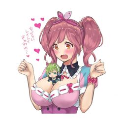  2girls :&lt; between_breasts breasts chibi commentary_request green_hair jitome large_breasts lisa_(lisa_lisa_life) macross macross_delta makina_nakajima mini_person minigirl multiple_girls orange_eyes person_between_breasts pink_hair reina_prowler translated 