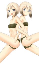  2girls :d bandeau bikini black_hair blonde_hair blue_eyes blush commentary_request erica_hartmann frown glasses multicolored_hair multiple_girls navel open_mouth rasielcochma short_hair siblings sisters smile strapless strike_witches strike_witches:_suomus_misfits_squadron swimsuit tube_top twins two-tone_hair ursula_hartmann world_witches_series 