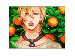  1boy bad_id bad_tumblr_id blonde_hair earrings food fruit jewelry jojo_no_kimyou_na_bouken male_focus mandaman necktie orange_(fruit) pannacotta_fugo portrait purple_eyes solo strawberry sweat 