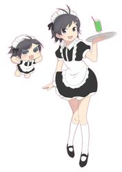  2girls :d apron bad_id bad_pixiv_id black_eyes black_hair chibi highres idolmaster idolmaster_(classic) kikuchi_makoto kneehighs maid makochii mary_janes multiple_girls ojigiri_(hisano1202) open_mouth puchimasu! shoes short_hair smile socks tray waitress white_legwear 