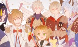  5boys albert_(shingeki_no_bahamut) animal_ears armor bad_id bad_twitter_id black_hair blonde_hair blue_eyes blush bluuue bow bowtie brown_eyes brown_hair cardcaptor_sakura commentary_request crossover erune female flying_sweatdrops fuuin_no_tsue gloves gran_(granblue_fantasy) granblue_fantasy green_eyes hair_ornament jacket katsugeki/touken_ranbu kero_(cardcaptor_sakura) kinomoto_sakura lucio_(granblue_fantasy) magical_girl mikazuki_munechika multiple_boys multiple_crossover rabbit_ears sage_(granblue_fantasy) school_uniform seruel smile sparkle staff sweatdrop tomoeda_elementary_school_uniform touken_ranbu twintails white_background white_hair wings 