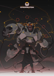  1boy action angry armor attack back battle blank_eyes coat commentary_request copyright_name electricity fangs gloves glowing glowing_eyes gorilla gradient gun handgun highres holding holding_gun holding_weapon hood hooded_jacket jacket jumping lan_se_fangying legs_apart outstretched_arms overwatch overwatch_1 photoshop_(medium) power_armor reaper_(overwatch) shade size_difference smoke standing trench_coat weapon winston_(overwatch) wire 