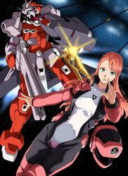  aida_rayhunton bodysuit commentary_request covered_nipples enfuku female floating_hair g-arcane green_eyes gundam gundam_g_no_reconguista helmet long_hair looking_at_viewer mecha parted_lips red_hair robot solo unworn_headwear unworn_helmet unzipped white_bodysuit 