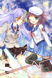  2girls angel_beats! bad_id bad_pixiv_id blazer blue_hair collaboration green_eyes hand_sonic hat hinokami_sakura hokuna_rin jacket long_hair multiple_girls nakamura_yuri one_eye_closed photoshop_(medium) purple_hair school_uniform serafuku short_hair tachibana_kanade thighhighs yellow_eyes 