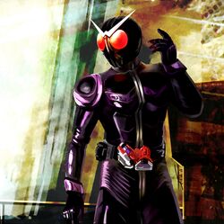  1boy antennae ashi_ura belt bodysuit buckle commentary_request cowboy_shot helmet indoors kamen_rider kamen_rider_joker kamen_rider_w light_rays male_focus mask red_eyes solo wall 