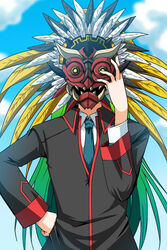  1boy ashikaga_tamane bad_id bad_pixiv_id blue_necktie day hand_on_own_hip hand_up little_busters! little_busters!_school_uniform long_sleeves male_focus mask mask_the_saito natsume_kyousuke necktie school_uniform solo spoilers 