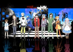  6+boys 6+girls ;d aged_down albino amamiya_hibiya apron arm_at_side belt belt_buckle black_belt black_footwear black_hair black_jacket black_skirt black_thighhighs blonde_hair blue_dress blue_eyes blue_hair blue_pants blue_shirt blush boots brown_hair brown_pants brown_shirt buckle building cellphone chains collared_dress collared_jacket commentary cross-laced_clothes cross-laced_slit cross-laced_top day dekatanaba detached_sleeves different_reflection dress ene_(kagerou_project) enomoto_takane frilled_apron frilled_dress frilled_sleeves frills full_body green_footwear green_hair green_jumpsuit green_pants grey_footwear grey_pants hairband hand_on_own_hip hand_up headphones high_tops highres holding holding_phone hood hood_up hooded_jumpsuit hoodie idol_clothes index_finger_raised jacket jumpsuit kagerou_project kano_shuuya kido_tsubomi kisaragi_momo kisaragi_shintarou kokonose_haruka konoha_(kagerou_project) kozakura_marry lamppost layered_sleeves lineup long_hair long_sleeves looking_at_viewer looking_to_the_side mekakucity_actors miniskirt multicolored_clothes multicolored_dress multiple_boys multiple_girls notched_neckline one_eye_closed open_clothes open_jacket open_mouth orange_belt orange_dress orange_sleeves outdoors pants pants_rolled_up pants_tucked_in pedestrian_lights phone pink_eyes pink_hairband pleated_skirt pointing pointing_at_self popped_collar power_lines print_hoodie purple_hoodie red_eyes red_footwear reflection road road_sign sandals scissors seto_kousuke shirt shirt_tucked_in shoelaces shoes short_hair short_over_long_sleeves short_sleeves shy sign silhouette skirt sleeveless sleeveless_jacket sleeves_rolled_up smartphone smile sneakers splatter spoilers standing stop_sign t-shirt tateyama_ayano thighhighs track_jacket twintails two-tone_footwear v_arms very_long_hair very_long_sleeves wavy_hair white_apron white_dress white_footwear white_hair white_jacket yellow_dress yellow_pants 