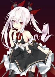  :p azur_lane bare_shoulders belt belt_buckle black_bra black_thighhighs blush bra buckle chains closed_mouth collar commentary_request detached_collar female front-tie_top garter_belt hair_between_eyes hair_ornament hair_ribbon hand_on_own_cheek hand_on_own_face highres hiraba_6018 long_hair looking_at_viewer red_background red_eyes red_ribbon ribbon simple_background smile solo standing thighhighs tongue tongue_out twintails underwear vampire_(azur_lane) very_long_hair white_belt white_collar white_hair wing_collar 