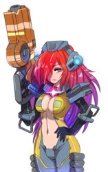  animification armor bodysuit breasts cannon cleavage female gloves gradient_hair gun hair_over_one_eye hand_on_own_hip helmet highres hmage holding holding_cannon holding_gun holding_weapon ion_(titanfall_2) large_breasts long_hair mecha_musume multicolored_hair navel personification purple_hair red_eyes red_hair rifle simple_background smirk splitter_rifle stomach titan_(titanfall) titanfall_(series) titanfall_2 transparent_background two-tone_hair weapon 