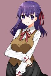  black_skirt blush breasts brown_vest closed_mouth commentary_request fate/stay_night fate_(series) female hair_ribbon highres homurahara_academy_school_uniform long_hair long_sleeves looking_at_viewer matou_sakura medium_breasts neck_ribbon purple_eyes purple_hair red_ribbon ribbon school_uniform shirt skirt smile solo takae_(poupee_en_biscuit) tareme upper_body vest white_shirt 