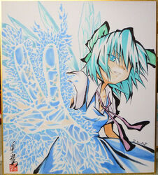  bad_id bad_pixiv_id blue_eyes blue_hair bow brush_(medium) cirno female hair_over_one_eye hairbow ice konoe_yuba marker_(medium) shikishi short_hair solo touhou traditional_media wings 