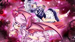  2girls bat_wings commentary_request fingerless_gloves gloves grey_hair hat highres izayoi_sakuya knife maid maid_headdress multiple_girls purple_eyes red_eyes remilia_scarlet short_hair skirt touhou wings wrist_cuffs yuu_sagi 