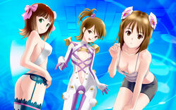  3girls amami_haruka ar_tonelico ar_tonelico_iii ass bike_shorts blue_thighhighs bodysuit bow breasts brown_eyes brown_hair cleavage commentary_request cosplay downblouse finnel_(ar_tonelico) finnel_(ar_tonelico)_(cosplay) flat_chest flipped_hair futami_ami garter_belt green_eyes hagiwara_yukiho hair_bobbles hair_ornament hair_ribbon hairbow highres idolmaster idolmaster_(classic) lace lace-trimmed_legwear lace_trim leaning_forward light_smile lingerie medium_breasts multiple_girls navel open_mouth ponnetsu ribbon saki_(ar_tonelico) saki_(ar_tonelico)_(cosplay) short_hair shorts side_ponytail skin_tight thighhighs tilia_(ar_tonelico) tilia_(ar_tonelico)_(cosplay) underwear white_thighhighs 