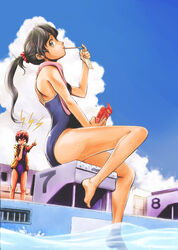  2girls black_eyes black_hair brown_hair cloud commentary_request day drain_(object) faucet food from_below from_side highres holding legs lifeguard long_hair multiple_girls naruse one-piece_swimsuit original outdoors outstretched_arm painttool_sai_(medium) pocky ponytail pool poolside short_hair sitting sky soaking_feet starting_block swimsuit towel water 