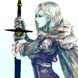  armor bad_id bad_pixiv_id blue_skin cape closed_mouth colored_skin destiny_(game) expressionless female from_side fur-trimmed_sleeves fur_collar fur_trim gloves grey_gloves half-closed_eye holding holding_sword holding_weapon hunter_(destiny) long_sleeves looking_afar nvalkyrja profile short_hair simple_background solo sword upper_body weapon white_background white_hair 