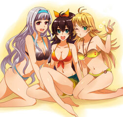  3girls barefoot bikini black_hair blonde_hair blue_eyes bow breasts cleavage commentary_request earrings front-tie_top ganaha_hibiki green_eyes grey_hair hairbow halterneck high_ponytail hoshii_miki idolmaster idolmaster_(classic) jewelry kneeling legs long_hair looking_at_viewer masaki_(celesta) medium_breasts multiple_girls navel o-ring o-ring_bottom o-ring_top one_eye_closed open_mouth ponytail red_eyes shijou_takane shiny_skin sitting smile swimsuit v 