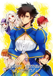  3boys 3girls absurdres aged_down artoria_pendragon_(fate) bad_id bad_pixiv_id birthday black_eyes black_hair brown_eyes brown_hair cako_(a_ben) cosplay crossdressing dress emiya_kiritsugu facial_hair fate/stay_night fate/zero fate_(series) fujimura_taiga hat highres illyasviel_von_einzbern irisviel_von_einzbern irisviel_von_einzbern_(angel&#039;s_song) juliet_sleeves kotomine_kirei long_hair long_sleeves multiple_boys multiple_girls puffy_sleeves red_eyes red_hair saber_(fate) saber_(fate)_(cosplay) short_hair stubble white_hair yellow_eyes 