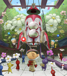  3boys bald blonde_hair blue_pikmin bug butterfly commentary_request facial_hair flower hocotate_freight_steam_ship ladder leaf louie_(pikmin) moustache multiple_boys naru_(wish_field) olimar pikmin_(creature) pikmin_(series) pikmin_2 pointy_ears president_(pikmin) purple_pikmin red_eyes red_pikmin sitting spacecraft spacesuit white_pikmin yellow_pikmin 