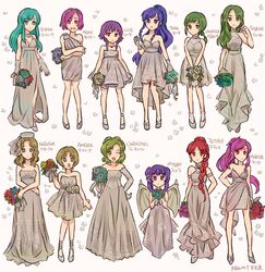  6+girls alternate_costume amelia_(fire_emblem) blue_eyes blue_hair blush bouquet bridal_veil bride character_name commentary_request dragon_wings dress eirika_(fire_emblem) fire_emblem fire_emblem:_the_sacred_stones fire_emblem_heroes flower gloves green_hair highres l&#039;arachel_(fire_emblem) long_hair lute_(fire_emblem) marisa_(fire_emblem) multiple_girls myrrh_(fire_emblem) natasha_(fire_emblem) neimi_(fire_emblem) noshima open_mouth pink_hair ponytail red_hair short_hair smile syrene_(fire_emblem) tana_(fire_emblem) tethys_(fire_emblem) vanessa_(fire_emblem) veil wedding wedding_dress wings 