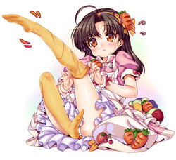  :&lt; blush brown_eyes brown_hair cooking_idol_ai!_mai!_main! dress feet food food_themed_clothes frills fruit hairband hat hiiragi_mine kink long_hair panties pantyshot solo sweatdrop thighhighs underwear white_panties yellow_eyes yellow_legwear 