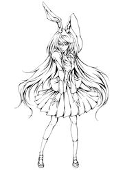  animal_ears commentary_request female greyscale guilty_gear highres line_art long_hair millia_rage monochrome parody photoshop_(medium) rabbit_ears reisen_udongein_inaba solo style_parody touhou very_long_hair yuukou 