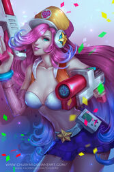  alternate_costume arcade_miss_fortune artist_name belt bikini bikini_top blue_eyes blue_skirt breasts checkered chuby_mi cleavage collarbone cowboy_shot detached_sleeves emoticon gun hair_over_one_eye hat highres large_breasts league_of_legends leaning_forward light_smile nail_polish navel pink_hair realistic sarah_fortune skirt smile solo swimsuit watermark weapon web_address white_bikini 