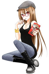  breasts brown_hair cleavage commentary_request female food glasses hat highres lindoh_flores medium_breasts original photoshop_(medium) pocky red-eyes_macadamiachoco red_eyes solo 