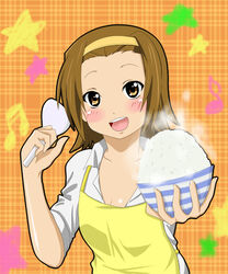  apron blush bowl brown_eyes brown_hair commentary_request female hairband k-on! rice rice_bowl samuraichamp shamoji short_hair smile solo tainaka_ritsu 