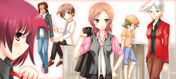  6+girls bad_id bad_pixiv_id beret blue_eyes blush brown_eyes casual hand_on_own_hip hat inoue_jun jacket long_sleeves megan_davin miyanaga_saki miyanaga_teru multiple_girls pants photoshop_(medium) piaroo profile red_hair red_jacket saki_(manga) short_sleeves simple_background someya_mako standing takei_hisa upper_body vest white_background 