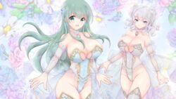  2girls absurdres alternate_costume blue_eyes breasts choker detached_sleeves drop_earrings earrings floral_background green_eyes green_hair grey_hair highleg highleg_leotard highres jewelry kantai_collection kashima_(kancolle) large_breasts leotard long_hair multiple_girls rei_(ls91407662) sidelocks smile strapless strapless_leotard suzuya_(kancolle) thighhighs twintails very_long_hair wavy_hair white_leotard white_thighhighs 