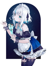  :3 apron ars_almal ars_almal_(7th_costume) asymmetrical_legwear back_bow bare_shoulders black_thighhighs blue_eyes blue_hair blue_ribbon bow choker colored_inner_hair cup detached_sleeves dress female food food_on_face frilled_apron frilled_dress frills gold_trim guru_(nicocco) highres holding holding_cup holding_spoon ice_cream looking_at_viewer maid maid_headdress mint_chocolate multicolored_hair neck_ribbon nijisanji parfait puffy_detached_sleeves puffy_short_sleeves puffy_sleeves ribbon short_hair short_sleeves solo space_print spoon star_(symbol) star_choker starry_sky_print streaked_hair thigh_strap thighhighs virtual_youtuber white_bow white_hair 