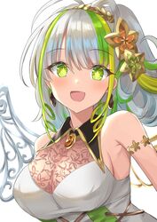  ahoge bad_id bad_twitter_id bare_shoulders breasts cleavage dress earrings female green_eyes green_hair hair_ornament highres jewelry kanaria_hisagi large_breasts laurels looking_at_viewer multicolored_hair open_mouth puzzle_&amp;_dragons simple_background solo streaked_hair symbol-shaped_pupils tuore_(p&amp;d) white_background white_dress white_hair 