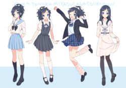  1boy :o ;d black_hair black_legwear blazer blue_eyes character_name collared_shirt crossdressing dress hair_down hair_ornament hairpin highres jacket kneehighs loafers loose_socks male_focus mary_janes mole mole_under_eye multiple_views neck_ribbon one_eye_closed open_mouth otoko_no_ko pantyhose pinafore_dress plaid plaid_skirt pleated_skirt plico_(nicoma) ponytail ribbon sailor_dress school_uniform serafuku shirt shoes skirt skirt_hold sleeveless sleeveless_dress smile socks touken_ranbu white_legwear yamato-no-kami_yasusada 