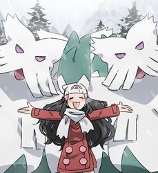  :d abomasnow absurdres beanie black_hair blush breath buttons closed_eyes coat commentary dawn_(pokemon) day eyelashes female floating_hair hair_ornament hairclip hat highres hunnyamai long_hair long_sleeves open_mouth outdoors outstretched_arms pokemon pokemon_(creature) pokemon_dppt pokemon_platinum red_coat scarf sidelocks smile snowing tree white_scarf 