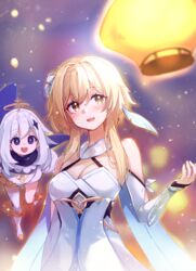  2girls :d bare_shoulders black_scarf blonde_hair blush boots breasts bright_pupils cleavage commentary ddolggol detached_sleeves dress english_commentary feather_hair_ornament feathers flower flying genshin_impact hair_between_eyes hair_flower hair_ornament halo hand_up highres lantern long_hair long_sleeves looking_away looking_up lumine_(genshin_impact) medium_breasts multiple_girls night night_sky open_mouth outdoors paimon_(genshin_impact) paper_lantern purple_eyes romper scarf short_hair_with_long_locks sky sky_lantern sleeveless sleeveless_dress smile standing teeth thighhighs thighhighs_under_boots upper_teeth_only white_dress white_feathers white_flower white_footwear white_hair white_romper yellow_eyes 